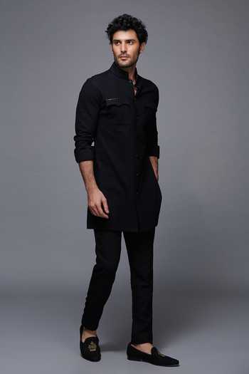 S&N By Shantnu Nikhil_Black Cotton And Faux Leather Band Collar Kurta_Online_at_Aza_Fashions