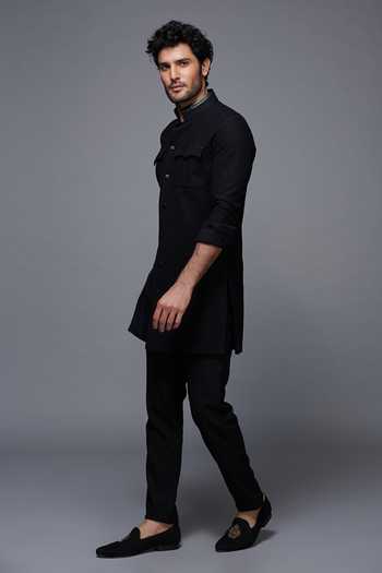 Buy_S&N By Shantnu Nikhil_Black Cotton And Faux Leather Band Collar Kurta_Online_at_Aza_Fashions