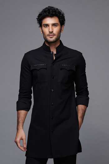 Shop_S&N By Shantnu Nikhil_Black Cotton And Faux Leather Band Collar Kurta_Online_at_Aza_Fashions