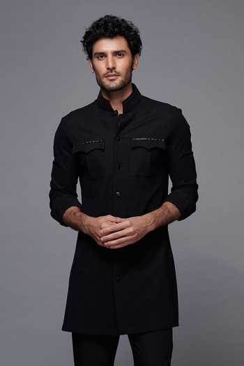S&N By Shantnu Nikhil_Black Cotton And Faux Leather Band Collar Kurta_at_Aza_Fashions