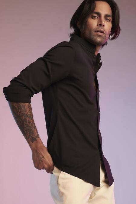 S&N By Shantnu Nikhil_Black Lycra, Viscose, Terylene Na Nehruvian Collar Shirt_Online_at_Aza_Fashions