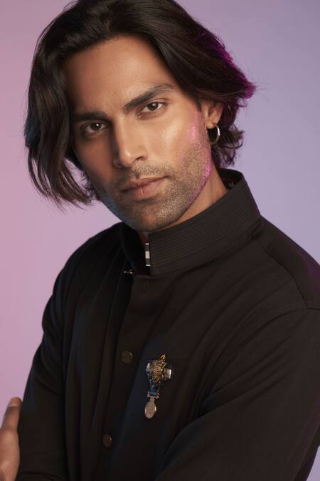 S&N By Shantnu Nikhil_Black Lycra, Viscose, Terylene Na Nehruvian Collar Shirt_at_Aza_Fashions