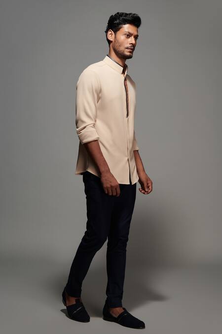 S&N By Shantnu Nikhil_Beige Cotton, Poly Blend Shirt_Online_at_Aza_Fashions