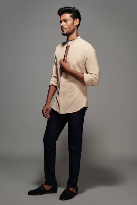 Buy_S&N By Shantnu Nikhil_Beige Cotton, Poly Blend Shirt_Online_at_Aza_Fashions
