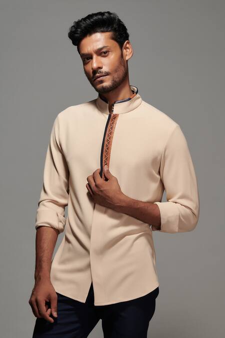Shop_S&N By Shantnu Nikhil_Beige Cotton, Poly Blend Shirt_Online_at_Aza_Fashions