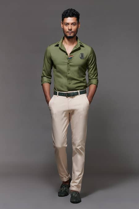 S&N by Shantnu Nikhil Green Suiting And Faux Leather Embroidered Shirt