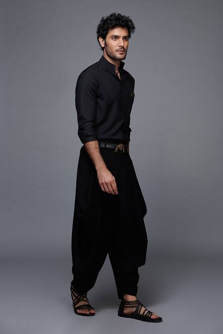 S&N By Shantnu Nikhil_Black Lycra, Viscose, Terylene, Velvet And Faux Leather Band Collar Shirt_Online_at_Aza_Fashions