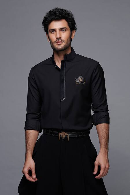 Shop_S&N By Shantnu Nikhil_Black Lycra, Viscose, Terylene, Velvet And Faux Leather Band Collar Shirt_Online_at_Aza_Fashions