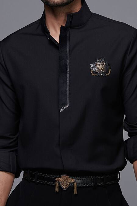 S&N By Shantnu Nikhil_Black Lycra, Viscose, Terylene, Velvet And Faux Leather Band Collar Shirt_at_Aza_Fashions