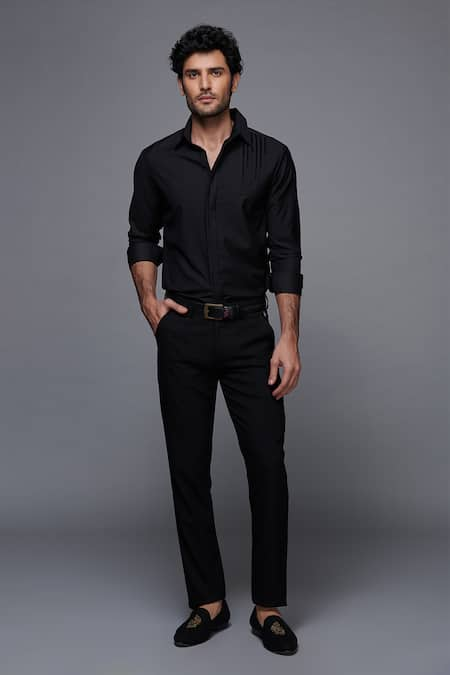 S&N by Shantnu Nikhil Black Terylene Button Front Shirt 