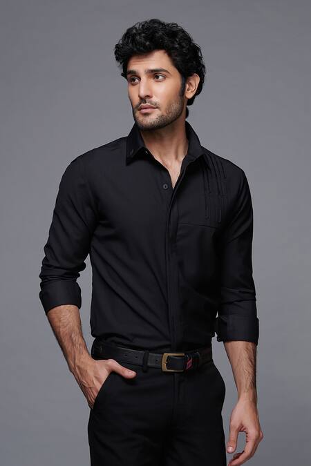 Buy S&N By Shantnu Nikhil Black Lycra, Viscose, Terylene, Velvet And Faux Leather Button Front Shirt Online at Aza Fashions Buy_S&N By Shantnu Nikhil_Black Lycra, Viscose, Terylene, Velvet And Faux Leather Button Front Shirt_Online_at_Aza_Fashions