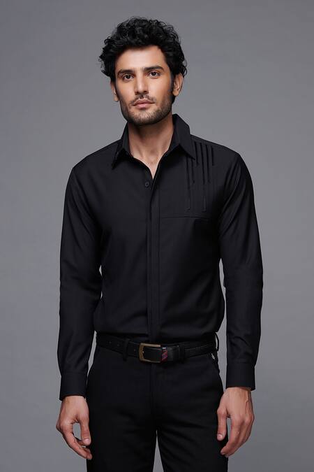 Shop S&N By Shantnu Nikhil Black Lycra, Viscose, Terylene, Velvet And Faux Leather Button Front Shirt Online at Aza Fashions Shop_S&N By Shantnu Nikhil_Black Lycra, Viscose, Terylene, Velvet And Faux Leather Button Front Shirt_Online_at_Aza_Fashions