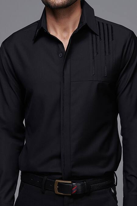 S&N By Shantnu Nikhil Black Lycra, Viscose, Terylene, Velvet And Faux Leather Button Front Shirt at Aza Fashions S&N By Shantnu Nikhil_Black Lycra, Viscose, Terylene, Velvet And Faux Leather Button Front Shirt_at_Aza_Fashions