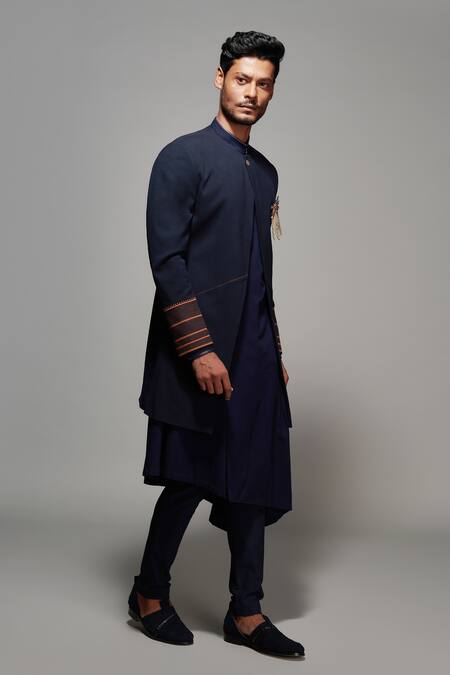 Shop S&N By Shantnu Nikhil Blue Lycra, Viscose, Poly Blend Crest Slim Fit Sherwani at Aza Fashions Shop_S&N By Shantnu Nikhil_Blue Lycra, Viscose, Poly Blend Crest Slim Fit Sherwani_at_Aza_Fashions