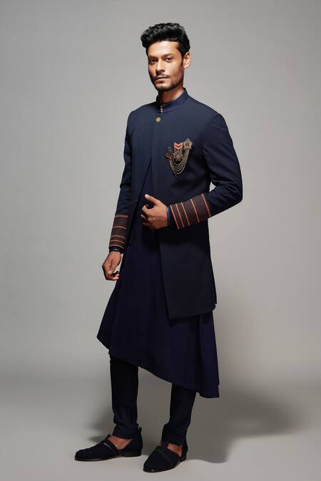 S&N By Shantnu Nikhil Blue Lycra, Viscose, Poly Blend Crest Slim Fit Sherwani Online at Aza Fashions S&N By Shantnu Nikhil_Blue Lycra, Viscose, Poly Blend Crest Slim Fit Sherwani_Online_at_Aza_Fashions
