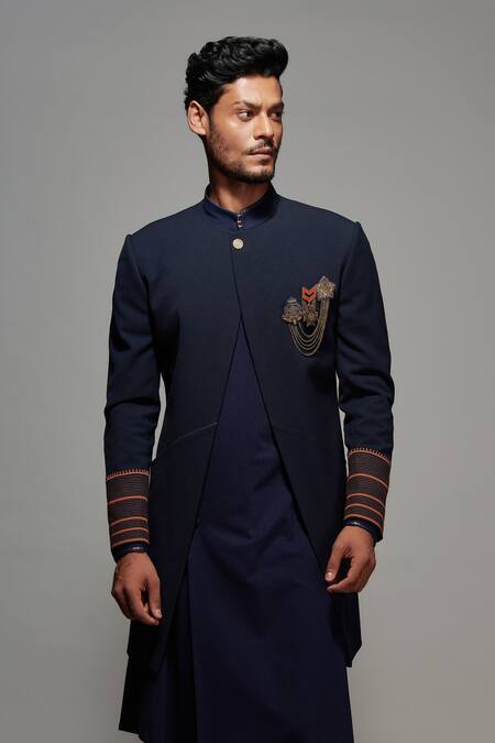 Shop S&N By Shantnu Nikhil Blue Lycra, Viscose, Poly Blend Crest Slim Fit Sherwani Online at Aza Fashions Shop_S&N By Shantnu Nikhil_Blue Lycra, Viscose, Poly Blend Crest Slim Fit Sherwani_Online_at_Aza_Fashions