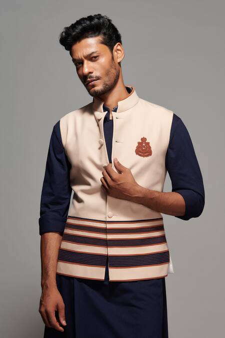Shop_S&N By Shantnu Nikhil_Beige Cotton, Lycra, Poly Blend Crest Structured Bundi_Online_at_Aza_Fashions