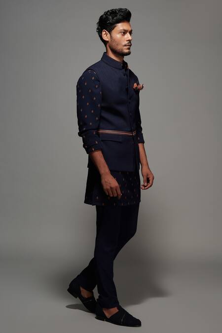S&N By Shantnu Nikhil_Blue Poly Blend, Viscose And Wool Button Front Nehru Jacket_Online_at_Aza_Fashions