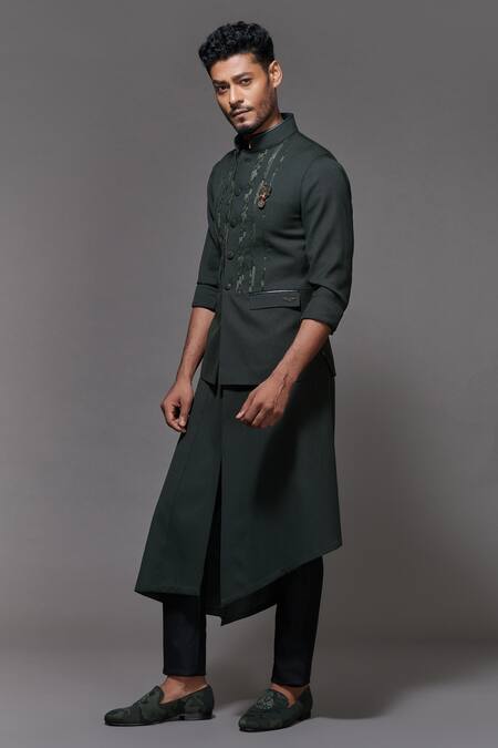 Buy_S&N By Shantnu Nikhil_Green Cotton And Faux Leather Camo Nehru Jacket_Online_at_Aza_Fashions