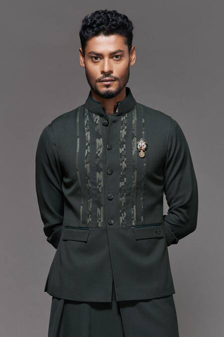 S&N By Shantnu Nikhil_Green Cotton And Faux Leather Camo Nehru Jacket_at_Aza_Fashions