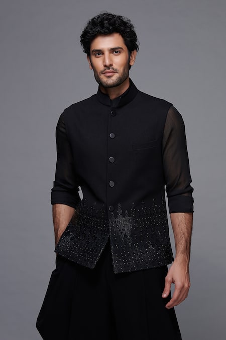Shop S&N By Shantnu Nikhil Black Cotton, Faux Leather And Velvet Studs Embellished Nehru Jacket Online at Aza Fashions Shop_S&N By Shantnu Nikhil_Black Cotton, Faux Leather And Velvet Studs Embellished Nehru Jacket_Online_at_Aza_Fashions