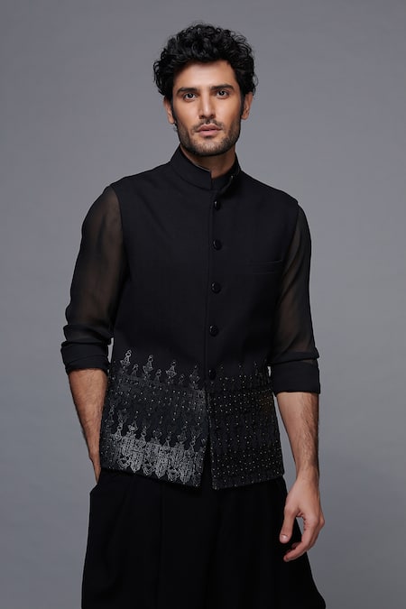 S&N By Shantnu Nikhil Black Cotton, Faux Leather And Velvet Studs Embellished Nehru Jacket at Aza Fashions S&N By Shantnu Nikhil_Black Cotton, Faux Leather And Velvet Studs Embellished Nehru Jacket_at_Aza_Fashions