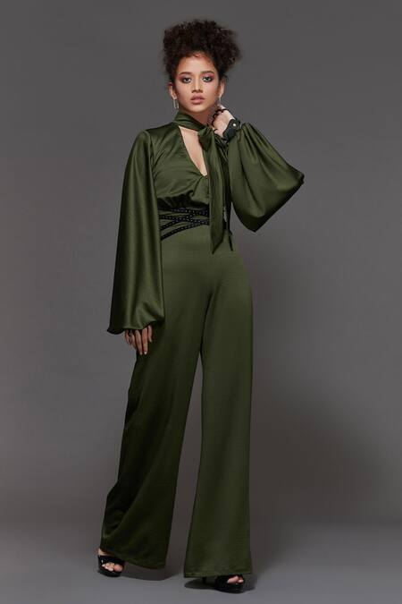 Buy Green Panther Crepe V Neck Knotted Jumpsuit For Women by S&N by ...