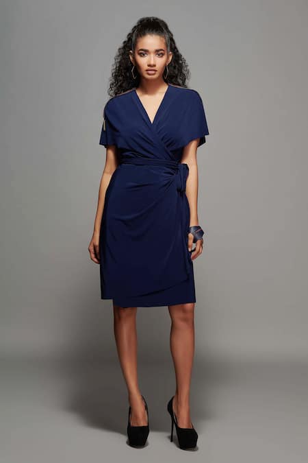 S&N by Shantnu Nikhil Blue Poly Jersey V Neck Wrap Dress 