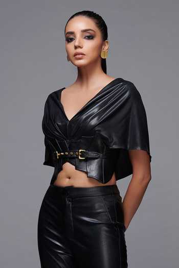 S&N By Shantnu Nikhil Black Asymmetrical Crop Top at Aza Fashions S&N By Shantnu Nikhil_Black Asymmetrical Crop Top_at_Aza_Fashions