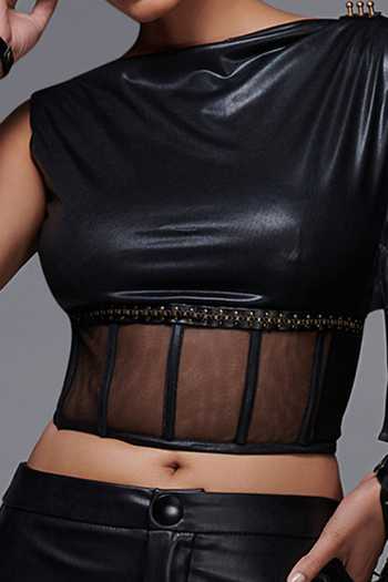 S&N By Shantnu Nikhil_Black Leather Look Jersey And Net Studs Round Draped Crop Top_at_Aza_Fashions