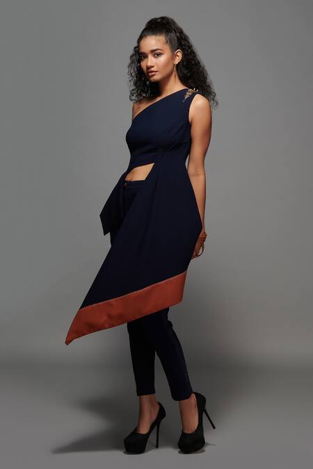Buy_S&N By Shantnu Nikhil_Blue Textured Suiting One Shoulder Drape Asymmetrical Top_Online_at_Aza_Fashions
