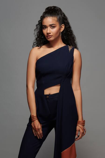 Shop_S&N By Shantnu Nikhil_Blue Textured Suiting One Shoulder Drape Asymmetrical Top_Online_at_Aza_Fashions