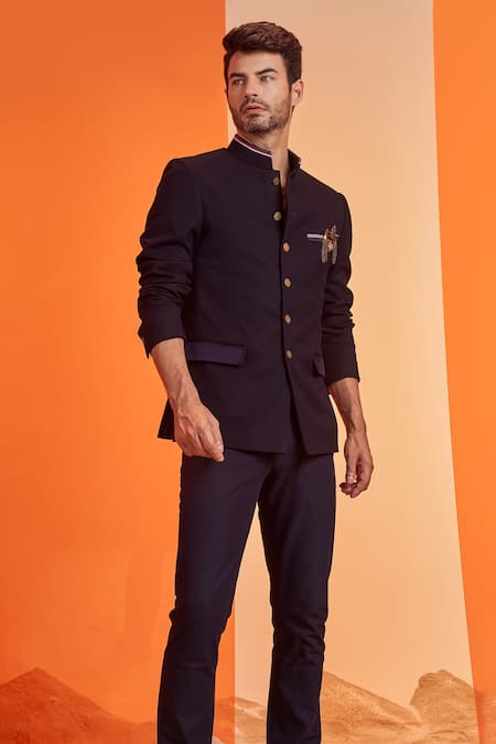S&N By Shantnu Nikhil_Blue Lycra, Viscose, Poly Blend, Faux Leather, Terylene Nehru Collar Bandhgala_Online_at_Aza_Fashions