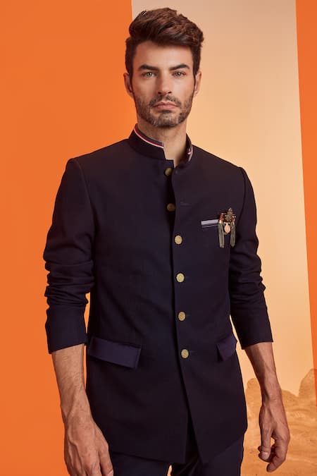 Buy_S&N By Shantnu Nikhil_Blue Lycra, Viscose, Poly Blend, Faux Leather, Terylene Nehru Collar Bandhgala_Online_at_Aza_Fashions