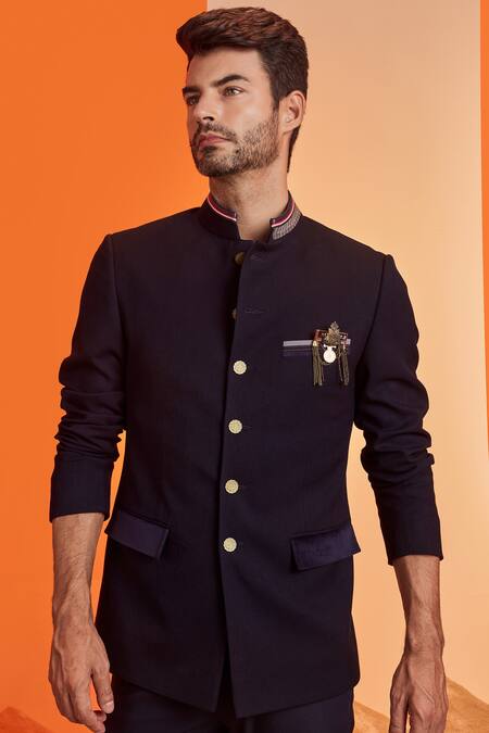 Shop_S&N By Shantnu Nikhil_Blue Lycra, Viscose, Poly Blend, Faux Leather, Terylene Nehru Collar Bandhgala_Online_at_Aza_Fashions