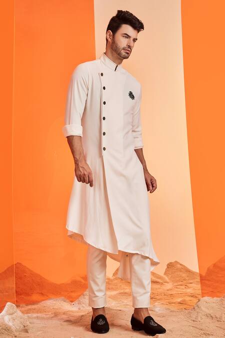 S&N By Shantnu Nikhil_Off White Lycra, Viscose, Terylene Crest Motif Embroidered Kurta_Online_at_Aza_Fashions
