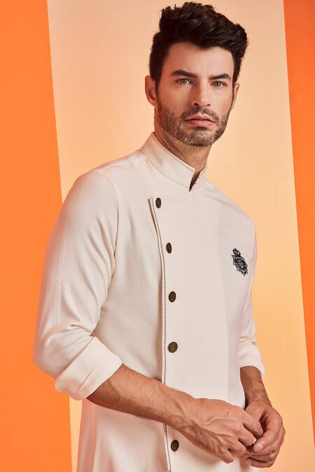 Buy_S&N By Shantnu Nikhil_Off White Lycra, Viscose, Terylene Crest Motif Embroidered Kurta_Online_at_Aza_Fashions
