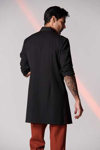 Shop S&N By Shantnu Nikhil Black Spandex, Rayon, Poly Blend, Faux Leather, Nehru Collar Shirt Kurta at Aza Fashions Shop_S&N By Shantnu Nikhil_Black Spandex, Rayon, Poly Blend, Faux Leather, Nehru Collar Shirt Kurta_at_Aza_Fashions