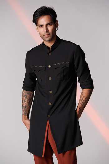 S&N By Shantnu Nikhil Black Spandex, Rayon, Poly Blend, Faux Leather, Nehru Collar Shirt Kurta Online at Aza Fashions S&N By Shantnu Nikhil_Black Spandex, Rayon, Poly Blend, Faux Leather, Nehru Collar Shirt Kurta_Online_at_Aza_Fashions