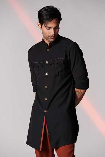 Buy S&N By Shantnu Nikhil Black Spandex, Rayon, Poly Blend, Faux Leather, Nehru Collar Shirt Kurta Online at Aza Fashions Buy_S&N By Shantnu Nikhil_Black Spandex, Rayon, Poly Blend, Faux Leather, Nehru Collar Shirt Kurta_Online_at_Aza_Fashions