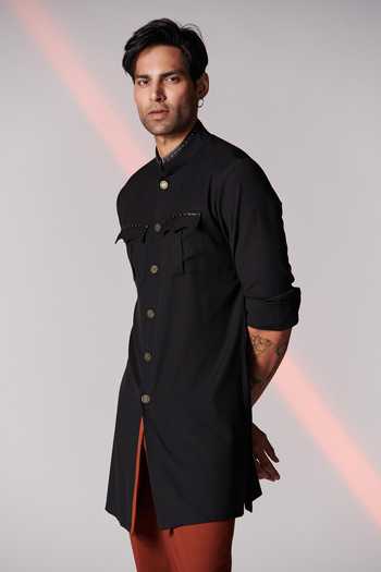 Shop S&N By Shantnu Nikhil Black Spandex, Rayon, Poly Blend, Faux Leather, Nehru Collar Shirt Kurta Online at Aza Fashions Shop_S&N By Shantnu Nikhil_Black Spandex, Rayon, Poly Blend, Faux Leather, Nehru Collar Shirt Kurta_Online_at_Aza_Fashions