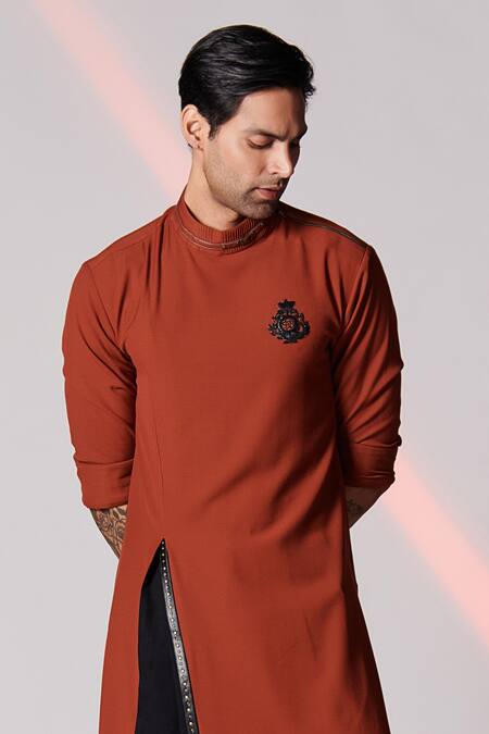 S&N By Shantnu Nikhil Orange Lycra, Viscose, Rayon, Poly Blend, Terylene Crest Asymmetric Draped Kurta Online at Aza Fashions S&N By Shantnu Nikhil_Orange Lycra, Viscose, Rayon, Poly Blend, Terylene Crest Asymmetric Draped Kurta_Online_at_Aza_Fashions