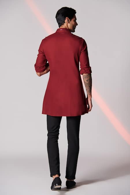 Shop_S&N By Shantnu Nikhil_Red Cotton Thread Crest Embroidered Short Kurta _at_Aza_Fashions