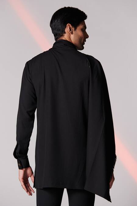 Shop S&N By Shantnu Nikhil Black Rayon, Spandex And Faux Leather, Terylene Thread Draped Short Kurta at Aza Fashions Shop_S&N By Shantnu Nikhil_Black Rayon, Spandex And Faux Leather, Terylene Thread Draped Short Kurta_at_Aza_Fashions