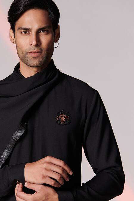 Buy S&N By Shantnu Nikhil Black Rayon, Spandex And Faux Leather, Terylene Thread Draped Short Kurta Online at Aza Fashions Buy_S&N By Shantnu Nikhil_Black Rayon, Spandex And Faux Leather, Terylene Thread Draped Short Kurta_Online_at_Aza_Fashions