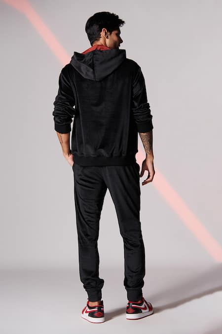 Shop_S&N by Shantnu Nikhil_Black Jersey, Blend And Velvet Thread Crest Embroidered Hoodie _at_Aza_Fashions