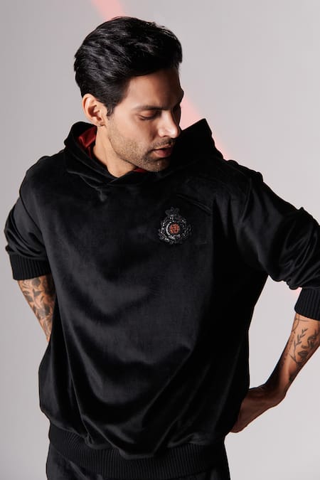 Buy_S&N by Shantnu Nikhil_Black Jersey, Blend And Velvet Thread Crest Embroidered Hoodie _Online_at_Aza_Fashions