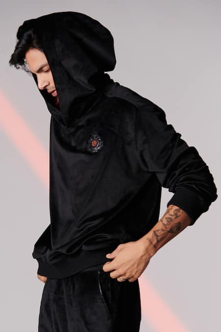 Shop_S&N by Shantnu Nikhil_Black Jersey, Blend And Velvet Thread Crest Embroidered Hoodie _Online_at_Aza_Fashions