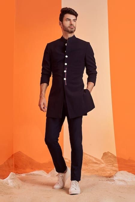 S&N by Shantnu Nikhil Blue Poly Blend Solid Mandarin Collar Sherwani 