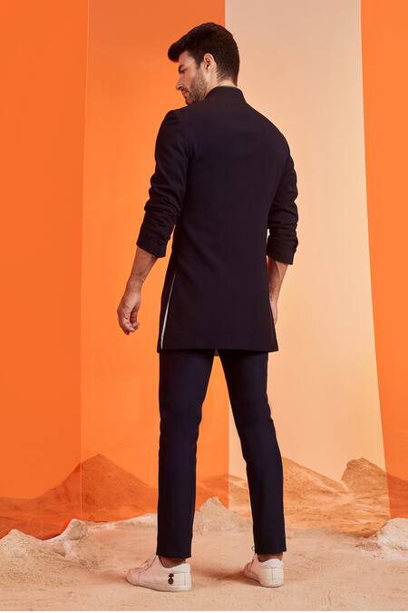 Shop S&N By Shantnu Nikhil Blue Lycra, Viscose, Poly Blend, Faux Leather Mandarin Collar Sherwani at Aza Fashions Shop_S&N By Shantnu Nikhil_Blue Lycra, Viscose, Poly Blend, Faux Leather Mandarin Collar Sherwani_at_Aza_Fashions